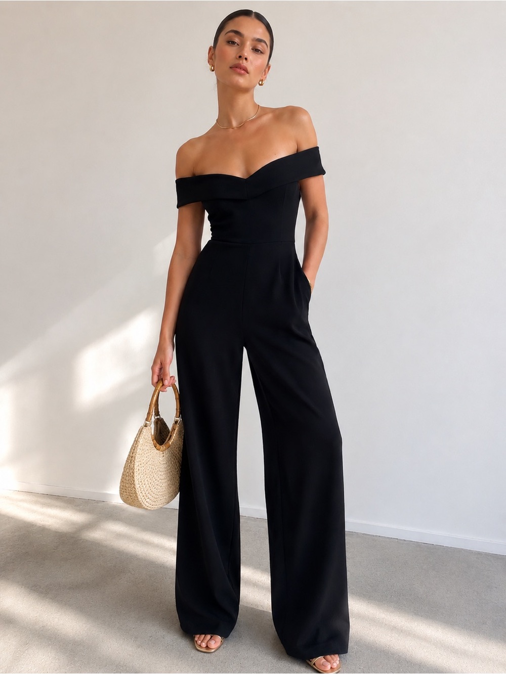 NWOT Black Halo Yoli Off-The-Shoulder Wide Leg Black Jumpsuit Size 0